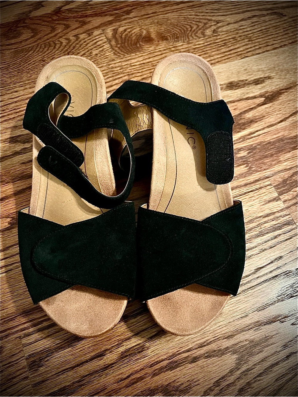 Vionic Black Suede Platform Sandals with Velcro Ankle Strap